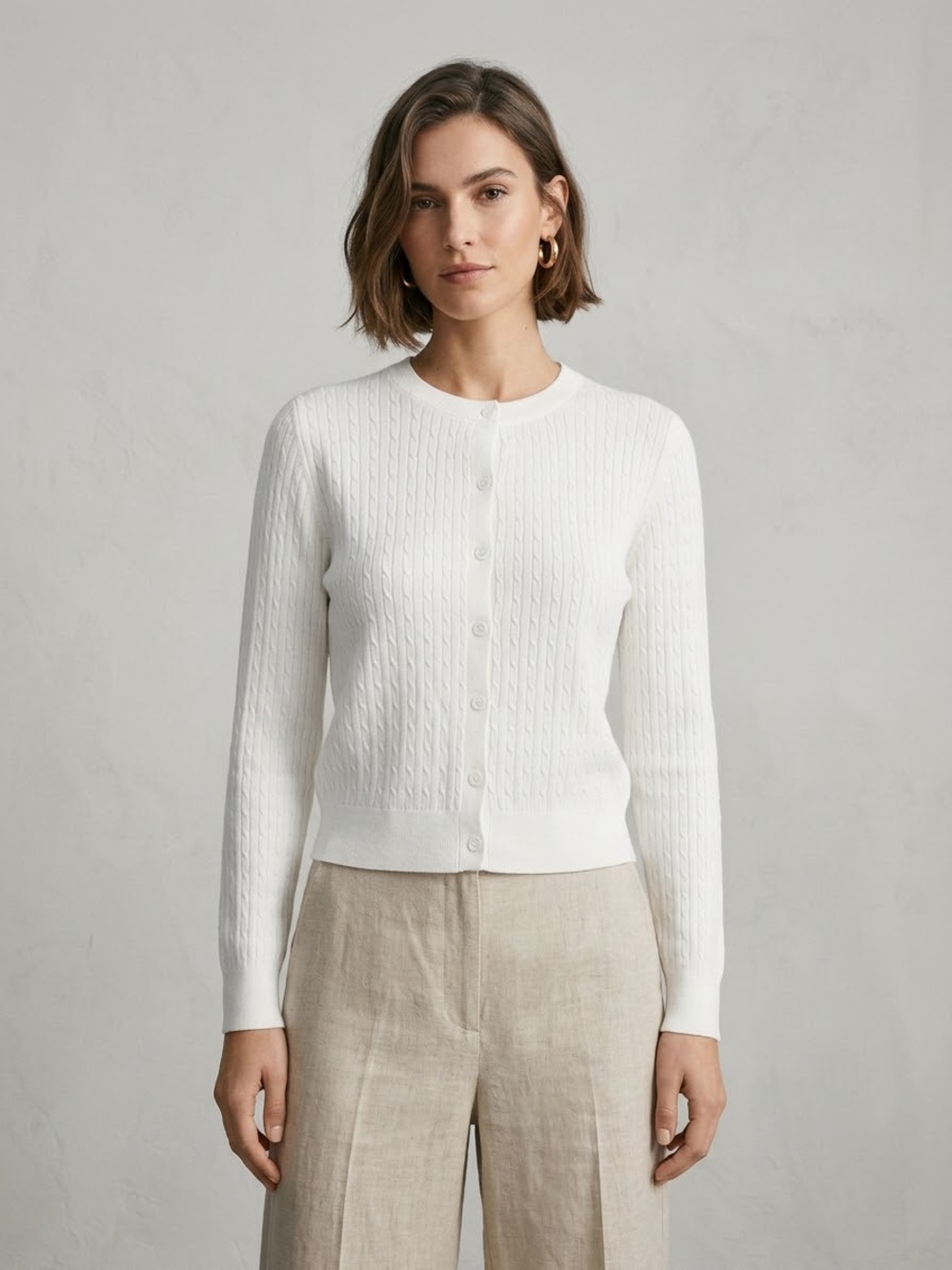 Classic White Cable Knit Crew Neck Cardigan Sweater